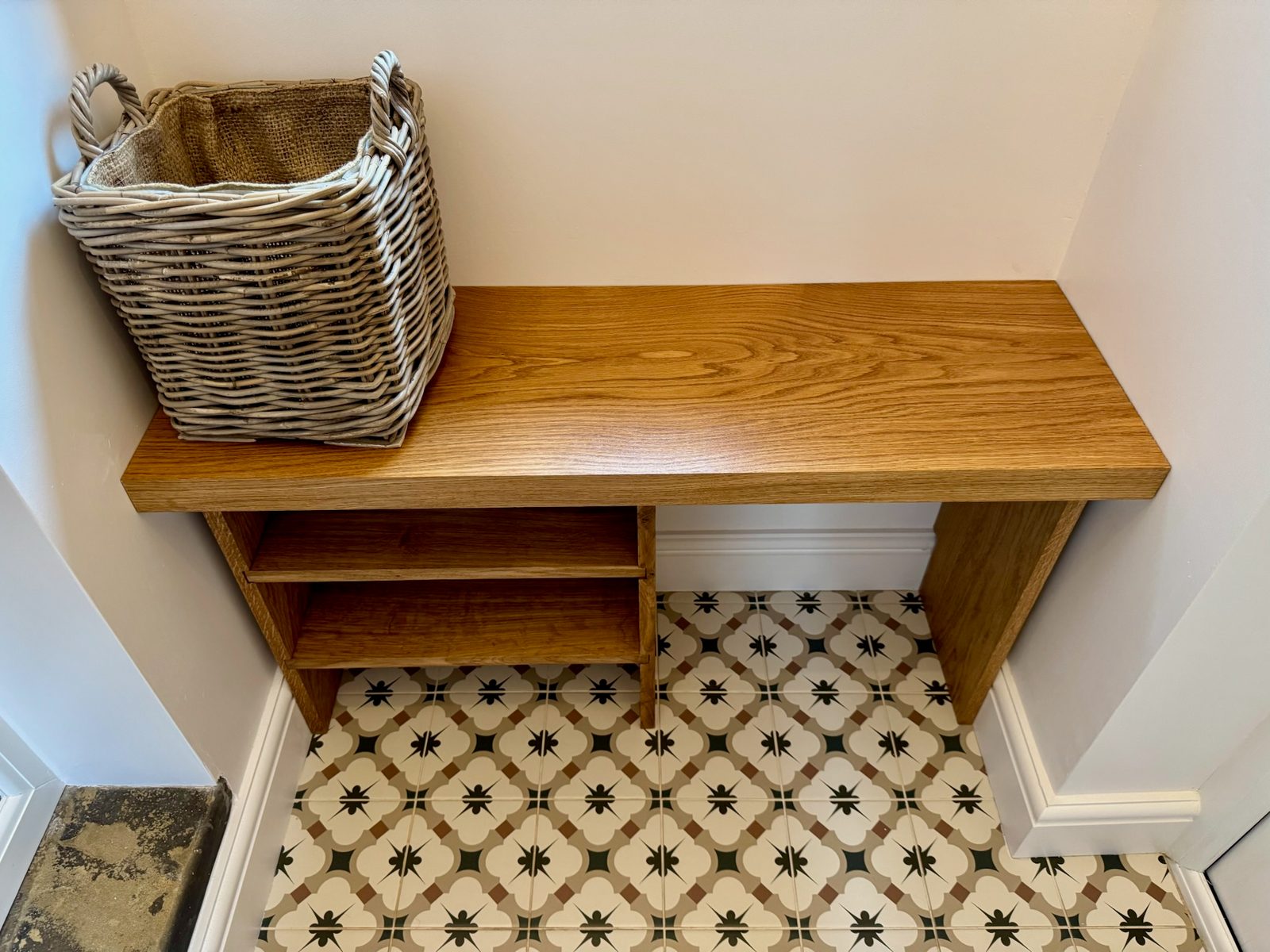 A patterned porch floor